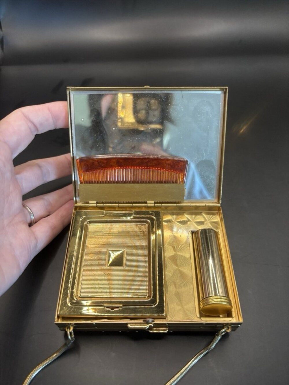 Vintage Gold  Tone cigarette case & Make Up Purse minaudière Lipstick Comb